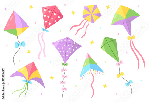 Cartoon flying kites with tales and bows. Wind paper toys for kids. Summer outdoor activities, kite festival or Makar Sankranti celebration theme. Vector illustration set on white background.