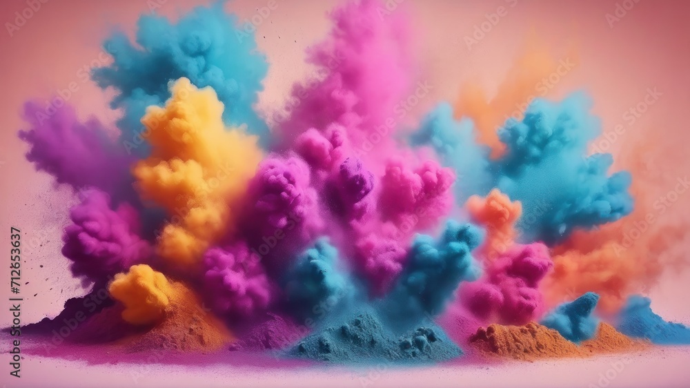 Fototapeta premium Multicolored dust powder paint explosion backdrop, abstract illustration, Hindu Holi festival of colors