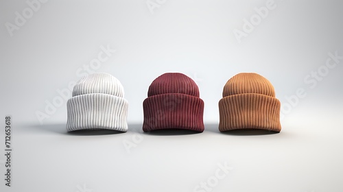 Coleção de gorros tricotados em cores neutras e fundo claro photo