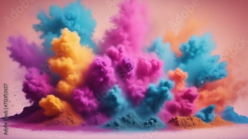 Multicolored dust powder paint explosion backdrop, abstract illustration, Hindu Holi festival of colors