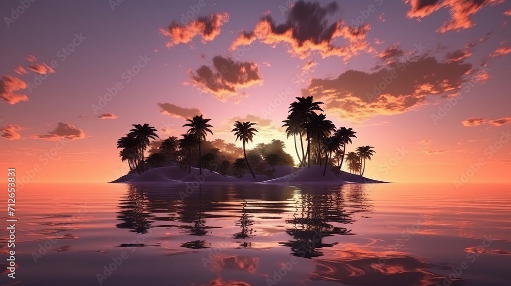A 3d rendering of a calm island during sunset.