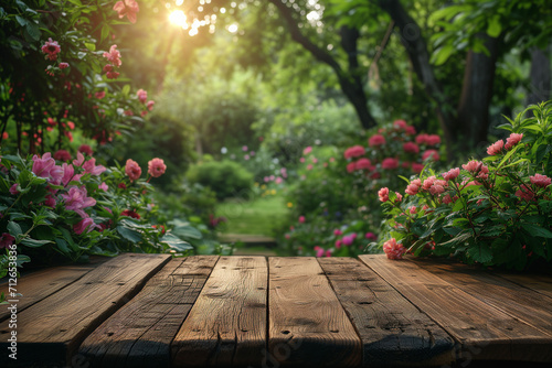 wooden table and flowers in garden  spring time  copy space