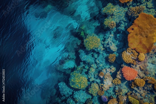 Vibrant coral reef under clear ocean.