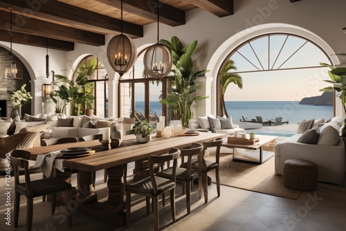 Modern coastal living room with dining table and ocean view
