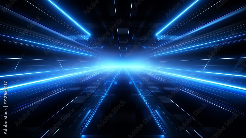 A background that is dark and futuristic, with blue neon light rays reflecting.