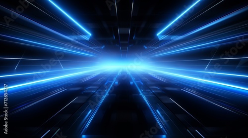 A background that is dark and futuristic  with blue neon light rays reflecting.