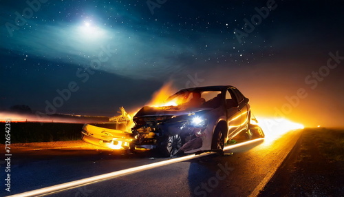 Car crash dangerous accident on the road at night. copy space 