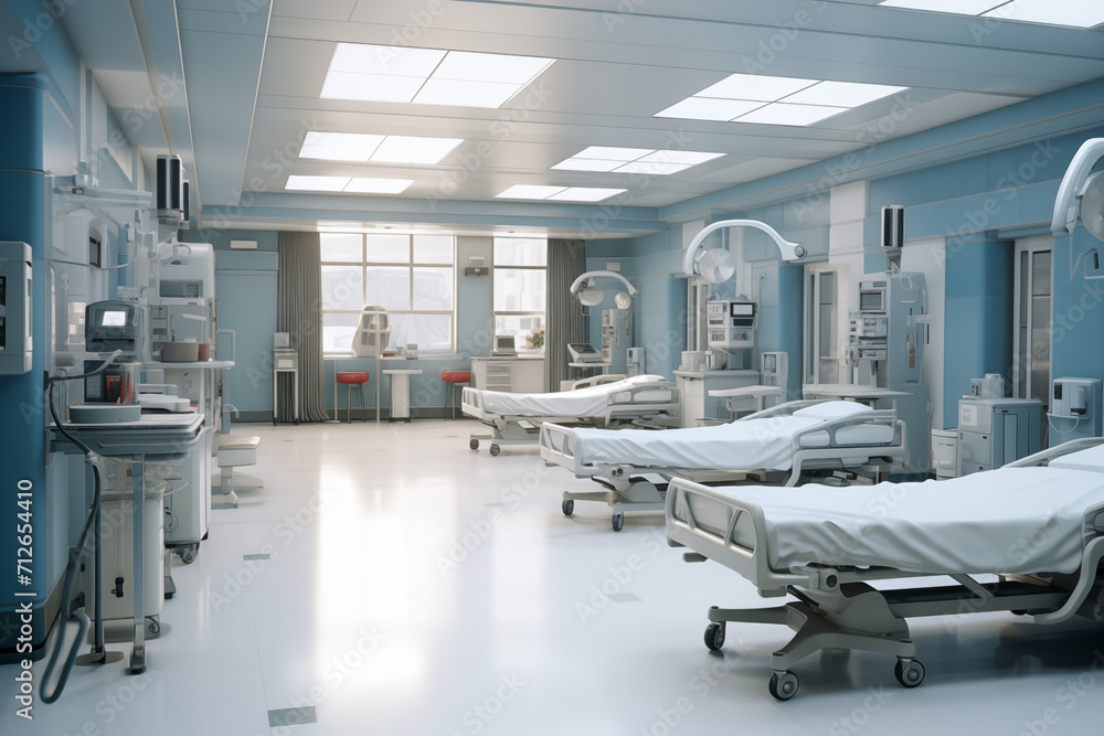 Hospital room with beds. Medical world, event related to care, medical news, hospitalization of a patient, nursing home; Hospital room with beds. Medical world, event related to care, medical news, hospitalization of a patient, nursing home;
