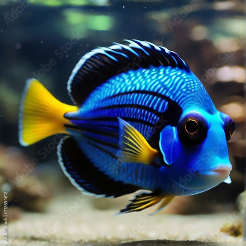 Cute blue coral tang fish is swimming