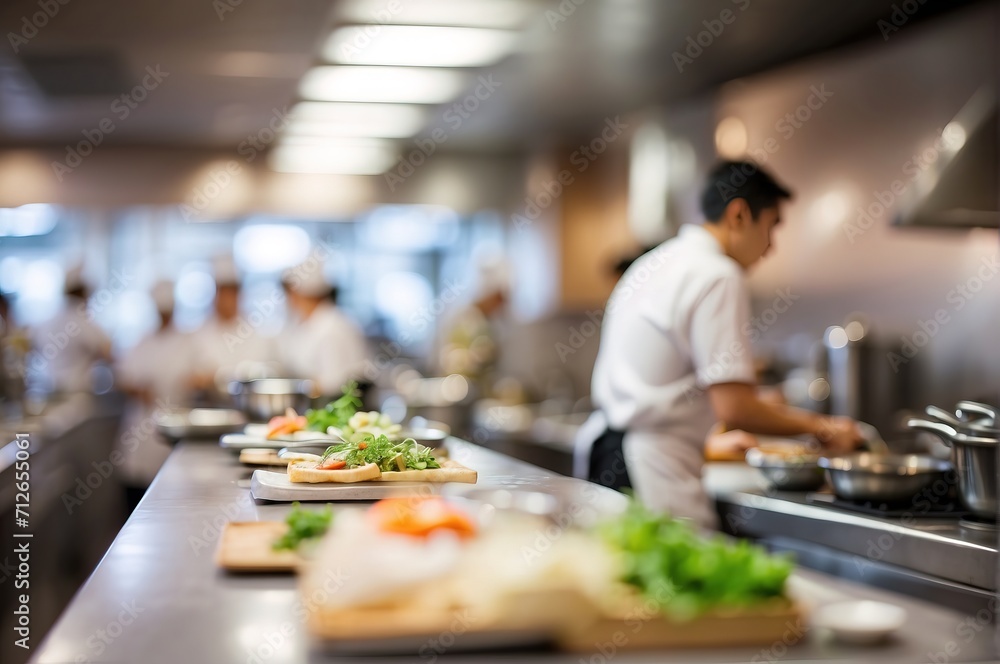 Abstract blurred defocused kitchen restaurant in busy work