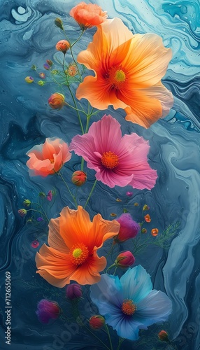 Vivid Cosmos of Flowers in Swirling Water © Raad