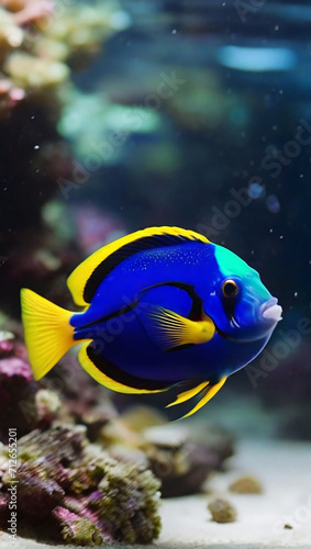 Cute blue coral tang fish is swimming