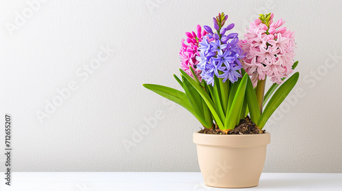 Beige ceramic pot with blooming blue and pink hyacinths on a white table. Copy space.