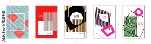 Geometric cover design, set of 5 covers. Abstract unusual background in Memphis style. Bright geometric shapes in random order