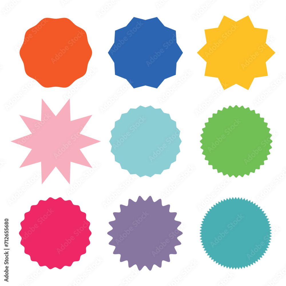 Set of 9 vector starburst, sunburst badges. Different color. Simple flat style Vintage labels. A collection of different types and colors icon. eps file 3.