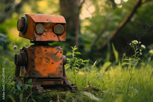 Un robot tondeuse qui parcourt une pelouse bien entretenue dans un jardin ensoleill?(C). photo