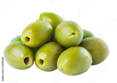 Close-up of green olives with olive leaves - isolated