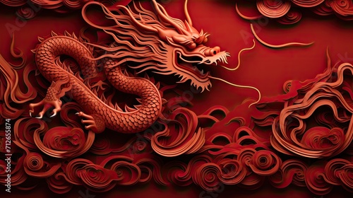 Chinese New Year or Happy New Year 2024, Year of the Dragon, golden dragon, Asian style composition illustration