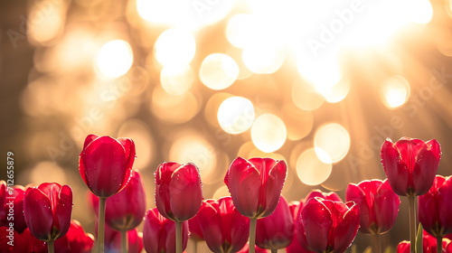 Beautiful red tulips on a blurred background with golden bokeh.