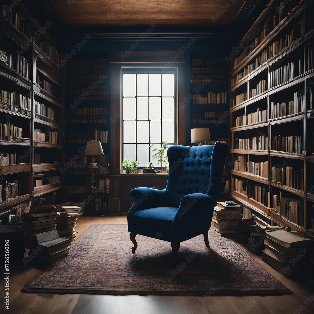 Arm chair in a room with book shelves