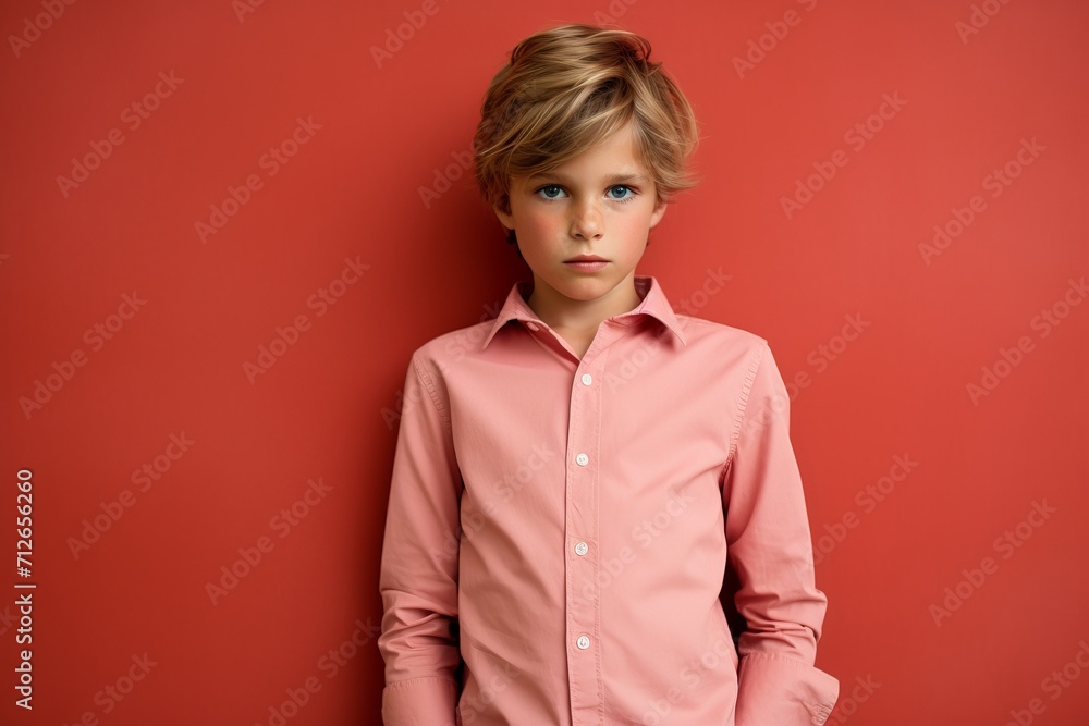 Fashion portrait of little girl in pink shirt on red background. Fashion portrait of little girl in pink shirt on red background.