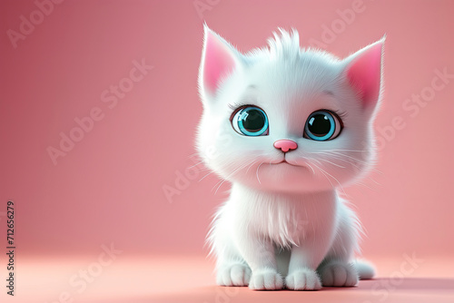  An empty pink background hosts a 3D cartoon character depicting an adorable white kitten, with available copy space © Aliaksandra