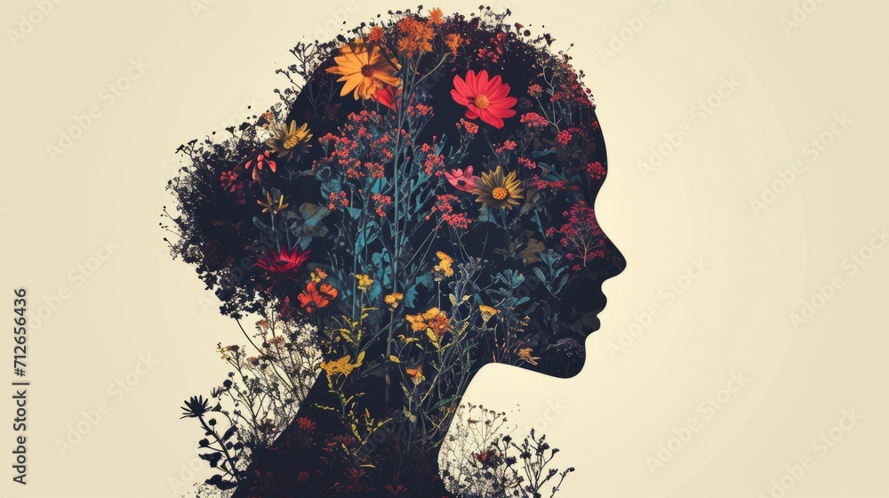 Womans Head Adorned With Blooming Flowers in Womans Head Adorned With Blooming Flowers in