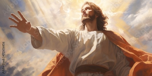 jesus opening the skyes close up view illustration, receiving blessings from god photo