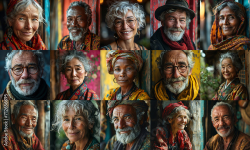 Panorama of elderly people from multicultural countries