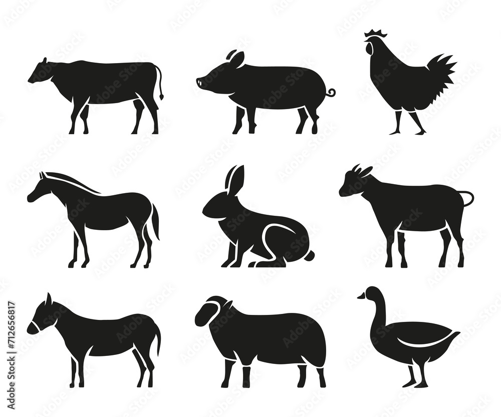 Farm and domestic animals icons, cow, pig, horse, chicken, rabbit, sheep, duck, livestock vector illustration isolated on white background Farm and domestic animals icons, cow, pig, horse, chicken, rabbit, sheep, duck, livestock vector illustration isolated on white background
