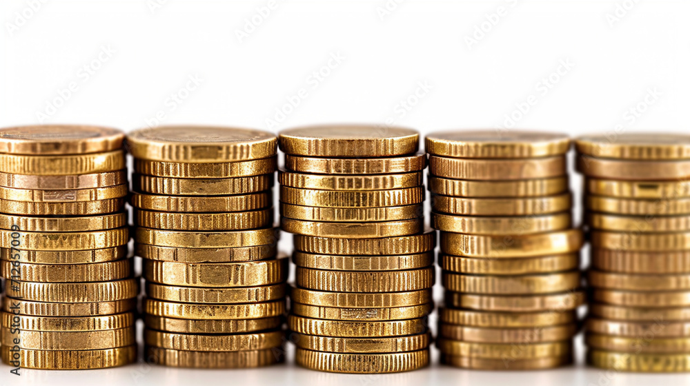 AGleaming stacks of golden coins on a pristine white background, creating an opulent banner with ample copy space. Symbolizing wealth, prosperity, and financial success. AGleaming stacks of golden coins on a pristine white background, creating an opulent banner with ample copy space. Symbolizing wealth, prosperity, and financial success.