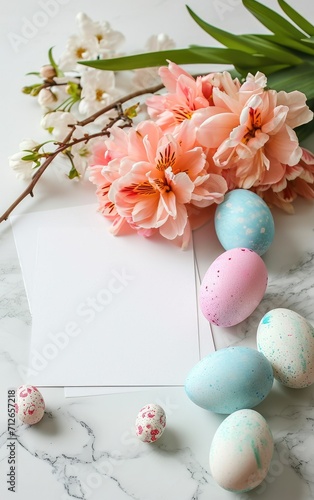 Creative Easter flat lay design with white paper blank and spring flowers