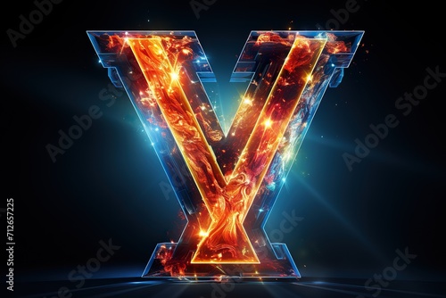 Letter Y - colorful glowing alphabet symbol on blue lens flare dark background photo