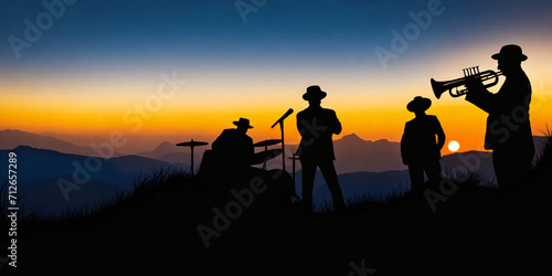 Silhouette of a group of three folksong musicians playing music in the grassland with the morning sun on top of a mountain. illustration, music festival, performance, music, celebration, event, fun