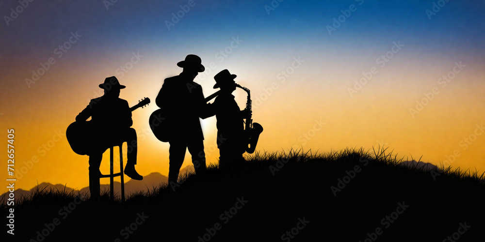 Silhouette of a group of three folksong musicians playing music in the grassland with the morning sun on top of a mountain. illustration, music festival, performance, music, celebration, 
event, fun