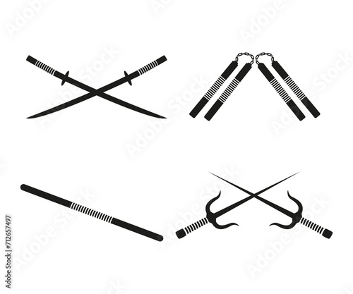 Ninja weapons, equipment fight, nunchaku, sword, stick, katana, icon set vector illustration photo
