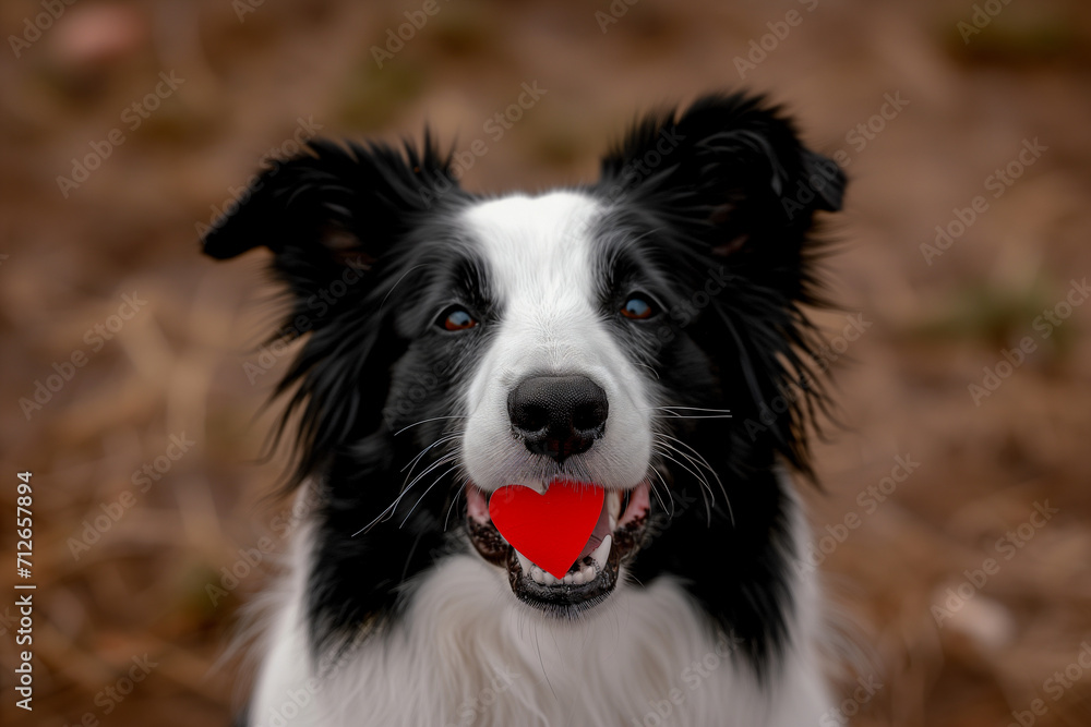 A loving border collie with a vivid red heart in its mouth, perfectly encapsulating the affectionate spirit of Valentine's Day