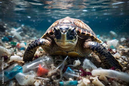 A hauntingly beautiful image of a sea turtle swimming in a sea of plastic, a powerful reminder of the devastating effects of plastic pollution on marine life