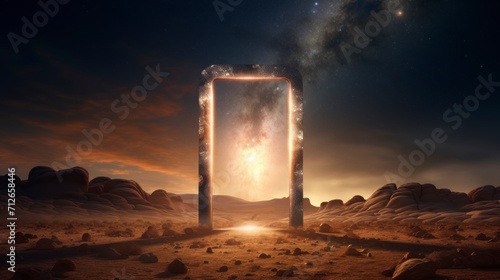 majestic dimensional portal with neon lights with starry background in high definition and quality photo