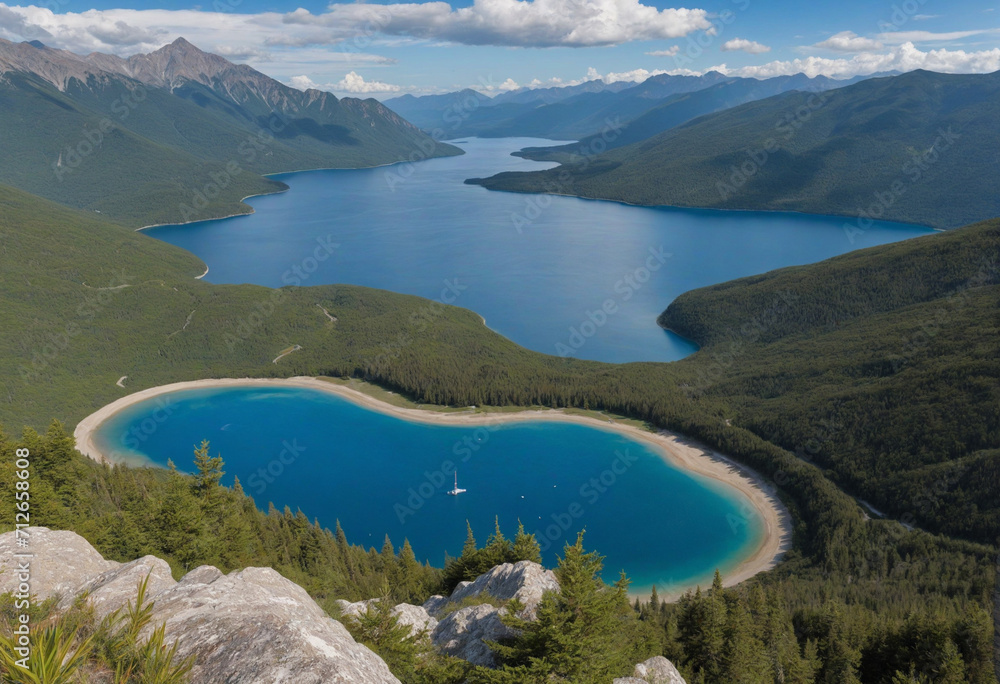 Mountainous Blue Lake with Magnifying Glass