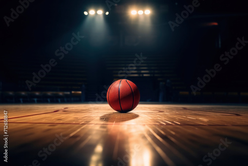 Illuminated Basketball on Indoor Court with Spotlight