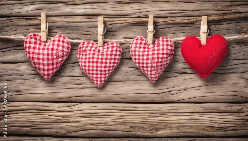 Fototapeta premium Hanging hearts on rustic wood background