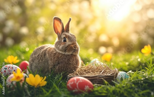 happy Easter bunny in a basket with eggs next to him