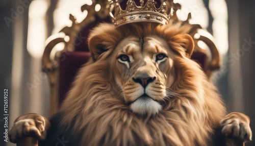 Regal lion in crown on throne