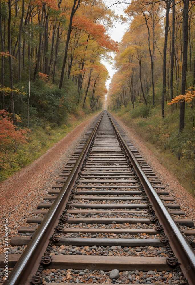 Fototapeta premium Autumn Railway Through the Woods