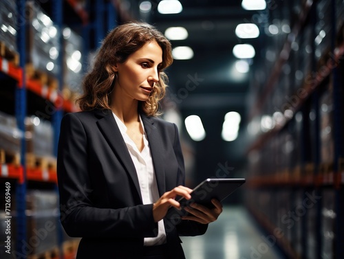 Big Data Center Female Chief Technology Officer Using Laptop Standing In Warehouse, 