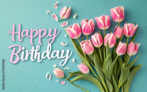 Happy birthday! Ideal Beautiful tulips on a pastel color background