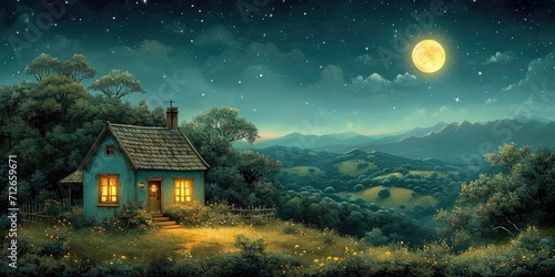 Illustration night blue and teal idyllic rural scenes  with a house © Andrus Ciprian
