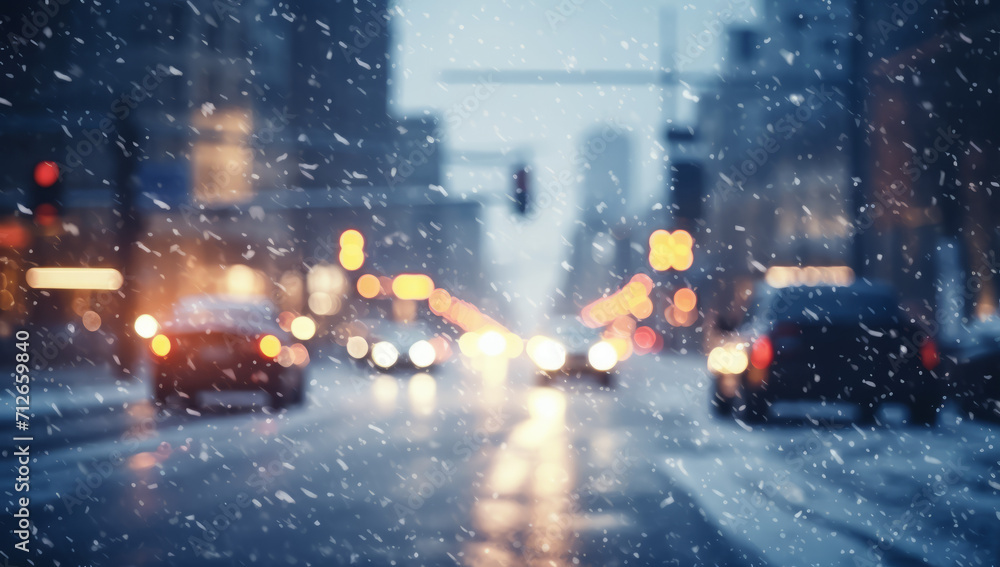 A snowy street with parked cars, snow blowing outside, Snow storm in the city. a winter snow covered road in a city, concept of traffic safety on a slippery road A snowy street with parked cars, snow blowing outside, Snow storm in the city. a winter snow covered road in a city, concept of traffic safety on a slippery road