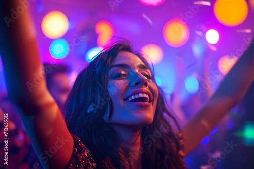 Joyful woman dancing in a vibrant nightclub with colorful lights and a festive atmosphere.